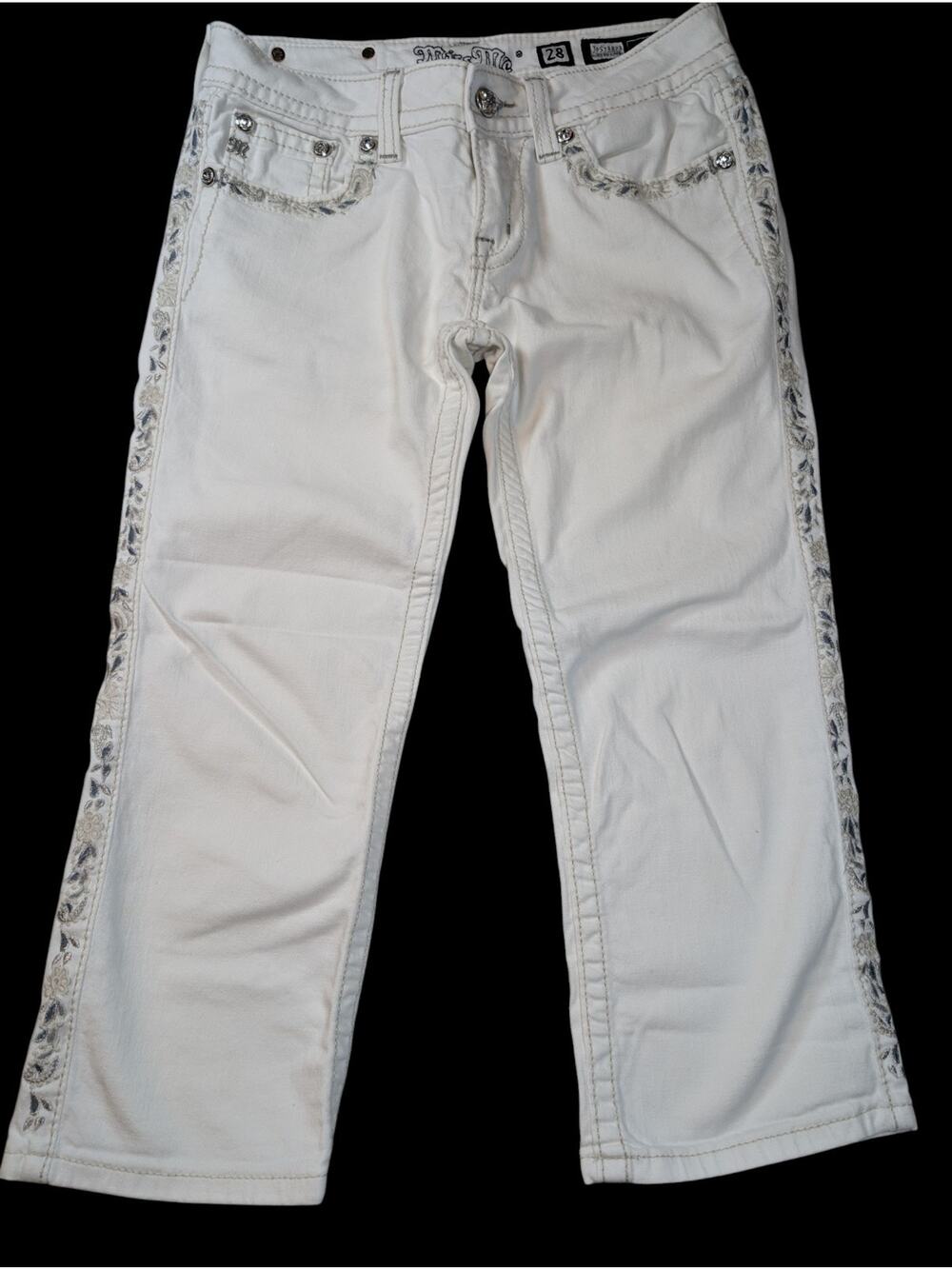 Women’s Capri Jeans Miss Me White Denim Embellished Cuffed Size 28